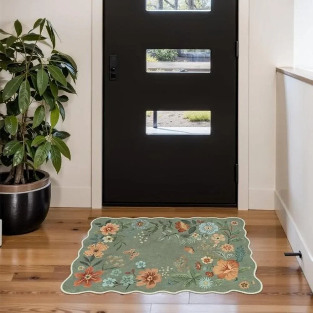 New 2x3 Floral Entryway Mat, Washable Ultra-Thin Non-Slip Area Rug - Green